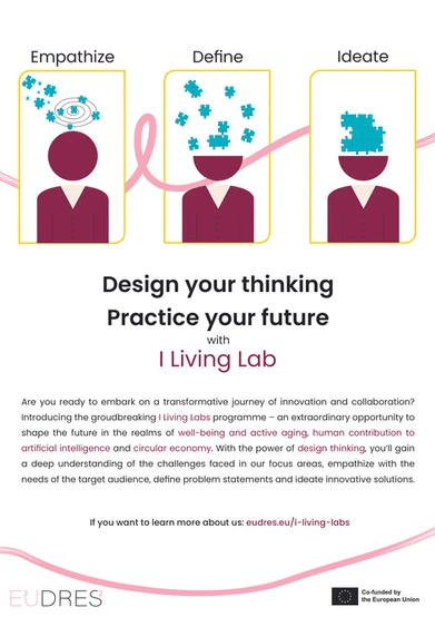 A campanha visa informar o público-alvo, estudantes de universidades europeias da EUDRES, sobre o programa I Living Lab, recorrendo a um dos seus atributos - a utilização da ferramenta design thinking. Além disso, através das três fases iniciais do pensamento de design, associamos o benefício de participar de um desses programas EUDRES - crescimento intelectual. Num tom informal e inspirador, apresentamos as três principais áreas de investigação que o público-alvo pode explorar e contribuir com o seu conhecimento ao participar neste programa.