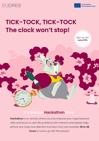 O foco principal deste flyer é a velocidade do Hackathon. Nesta peça, elementos verbais e visuais foram usados ​​para destacar esse atributo. É importante ressaltar que a predominância das cores rosa e maple existe para sustentar a identidade visual da E³UDRES². Foi estabelecido um prazo para atrair os alunos para a inscrição, o que está sendo reforçado por meio de elementos visuais.