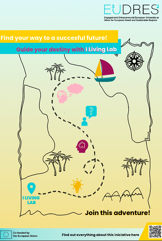 Seguindo a mesma linha de pensamento utilizada para o exterior, o MUPI foi concebido com a mesma ideia subjacente. Nesta peça, mais uma vez, usamos o mesmo mapa do tesouro para estimular os alunos a embarcar em uma jornada de aventura. Assim, e de forma a cumprir a promessa da nossa campanha - sensibilizar os alunos para o que é um I Living Lab e realçar as suas vantagens - o mapa pretende mostrar aos alunos o caminho que podem/devem seguir para alcançar um futuro melhor. Como forma de reforçar esta ideia associamos o caminho do “tesouro” ao slogan “Guie o seu destino com o I Living Lab” e a um conjunto de vantagens a que os alunos poderão ter acesso ao aderirem a esta iniciativa.